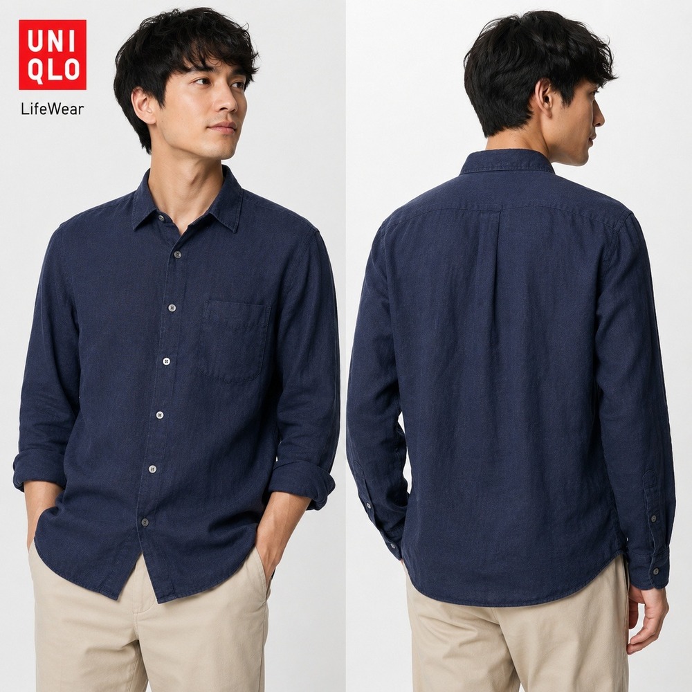 Uniqlo Premium Linen Long Sleeve Button Down Shirt Navy Blue Mens Size Large
